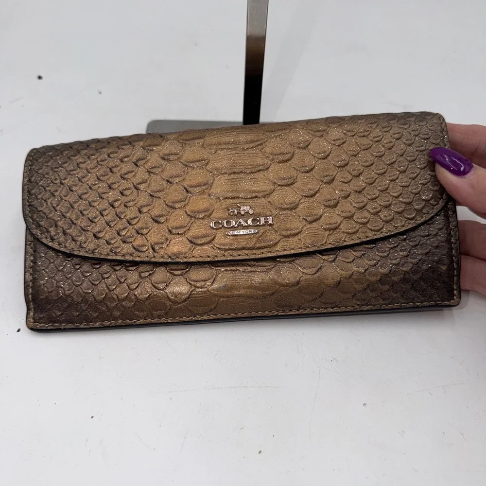 Coach Metallic Bronze Python Embossed Leather Slim Envelope Wallet - Picture 3 of 12